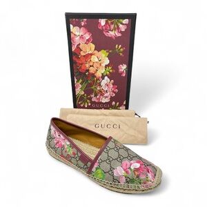 Gucci GG Double G Monogram Pink Bloom Floral Flat Espadrilles Shoes Tan 41 11
